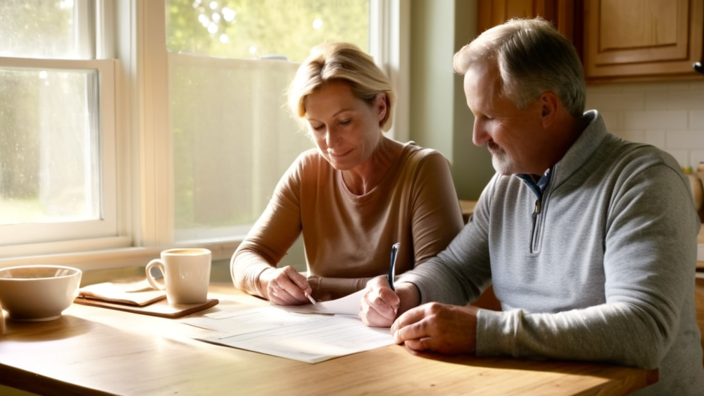 Couple sitting at their kitchen table planning their business future together with coffee and paperwork - exit planning gives them options